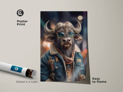 Add a fun vibe to your wall with this Buffalo with Sunglasses Print. This Eclectic Animal Portrait Art is perfect for an office. A unique gift for Animal Lovers. Rolled in a tube this artistic Buffalo poster is easy to frame. The Animal Face Sunglasses Art makes a statement.