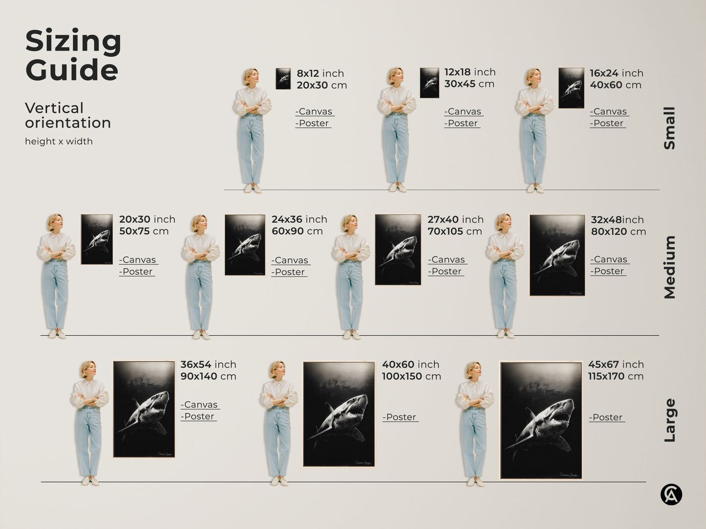 Sizing guide for Great White Shark art prints is shown. Vertical orientation options include small medium and large sizes. Canvas and poster prints are available in various dimensions. Find the perfect size to enhance your space with this marine wildlife canvas.