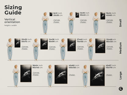 Sizing guide for Great White Shark art prints is shown. Vertical orientation options include small medium and large sizes. Canvas and poster prints are available in various dimensions. Find the perfect size to enhance your space with this marine wildlife canvas.