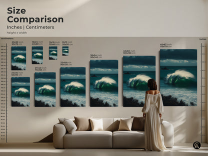 Size Comparison of Ocean Wave Art Prints. Visualize the inches and centimeters of each canvas. Find the perfect size for your space from small to extra large options.