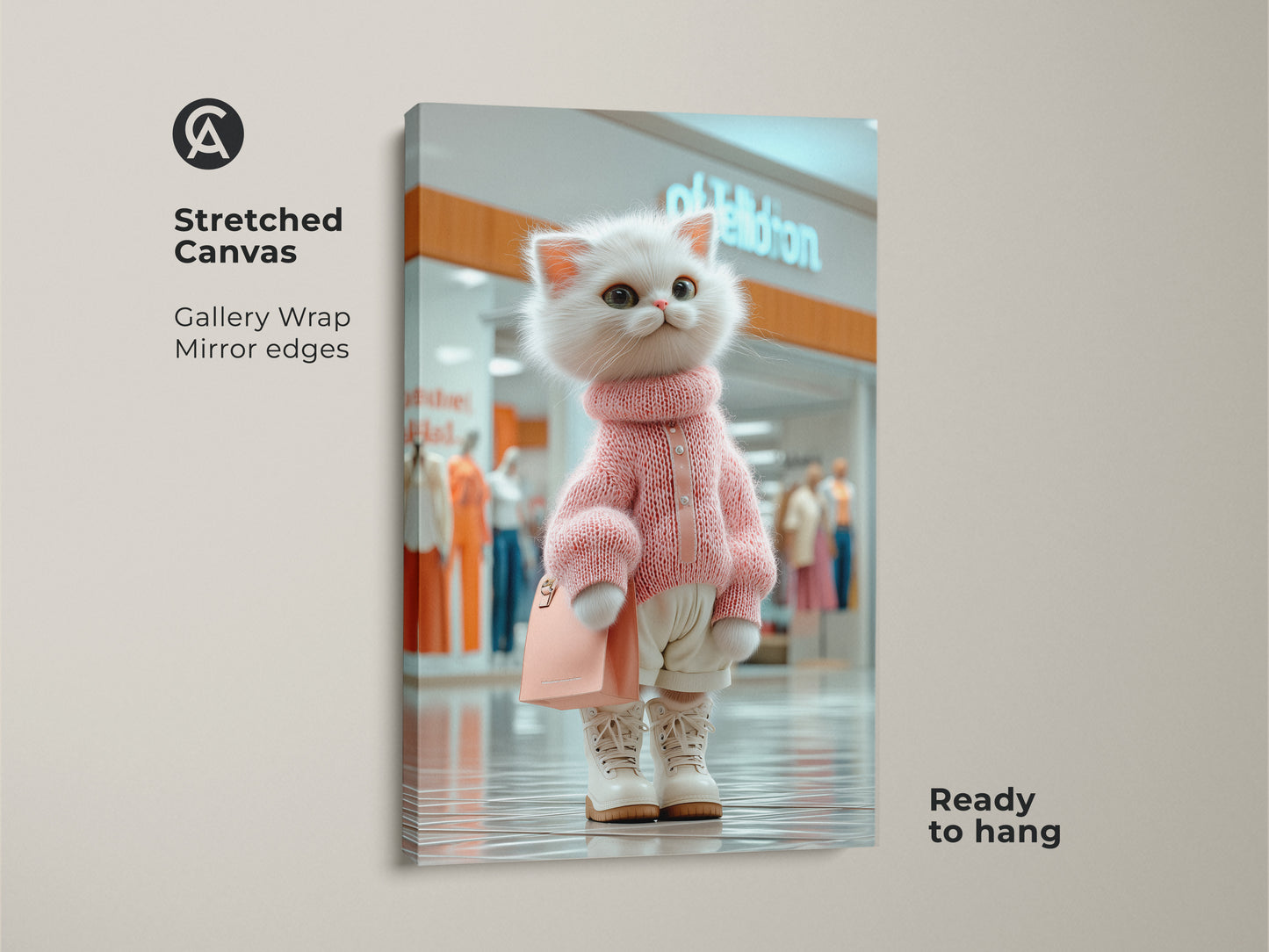 Stretched canvas art featuring a charming white cat at the mall. The gallery wrap and mirror edges give it a sleek look. This cat artwork is ready to hang and adds a playful touch to your decor.
