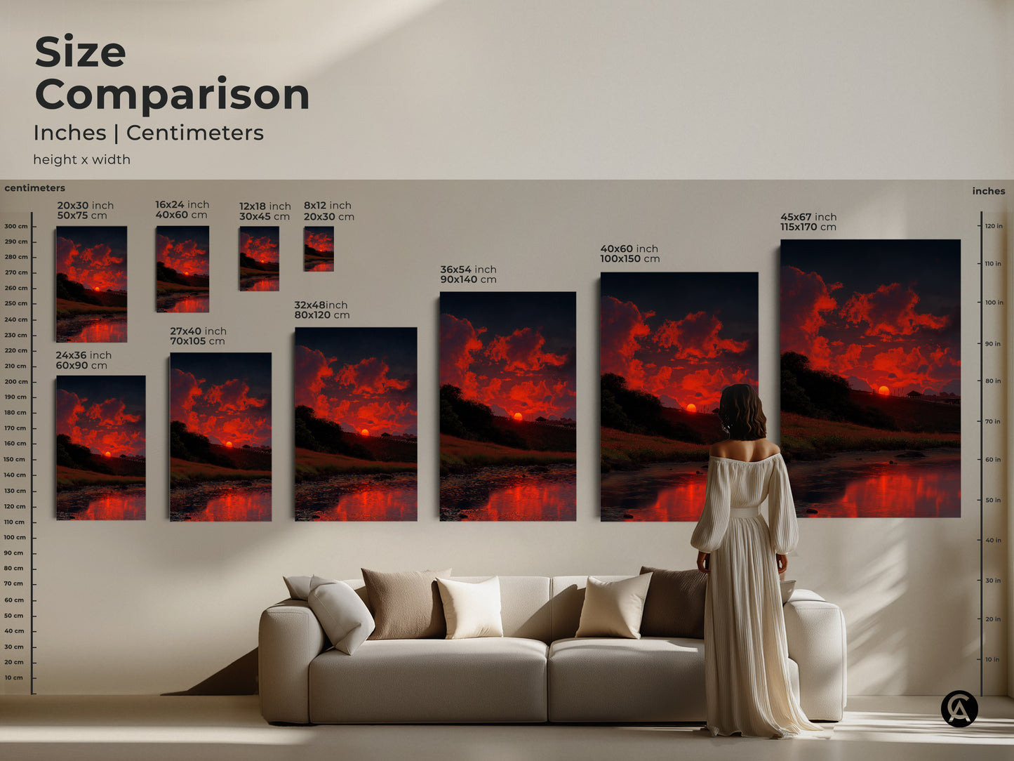 Size comparison of river sunset art prints. This rustic landscape decor is available in various sizes. You can choose a canvas or poster. The scenic river painting is a beautiful piece of residential landscape decor.