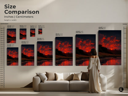 Size comparison of river sunset art prints. This rustic landscape decor is available in various sizes. You can choose a canvas or poster. The scenic river painting is a beautiful piece of residential landscape decor.