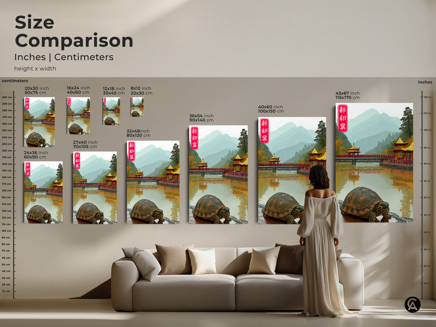 Size Comparison displays Asian Pagoda Bridge Art canvas prints in various sizes over a couch. This visual guide aids in selecting the perfect art print. Find oriental decor for calm living rooms or unique gifts for animal lovers.