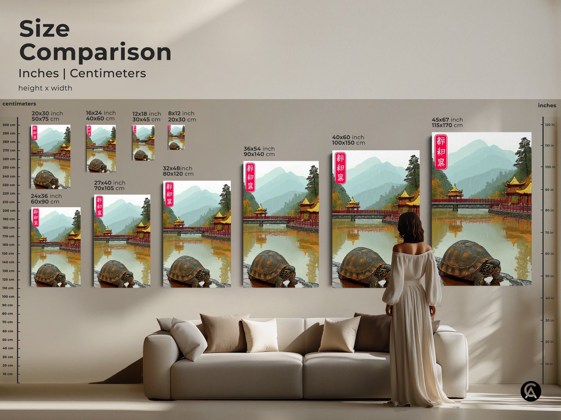 Size Comparison displays Asian Pagoda Bridge Art canvas prints in various sizes over a couch. This visual guide aids in selecting the perfect art print. Find oriental decor for calm living rooms or unique gifts for animal lovers.