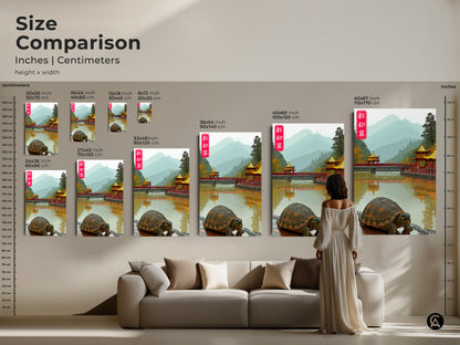 Size Comparison displays Asian Pagoda Bridge Art canvas prints in various sizes over a couch. This visual guide aids in selecting the perfect art print. Find oriental decor for calm living rooms or unique gifts for animal lovers.