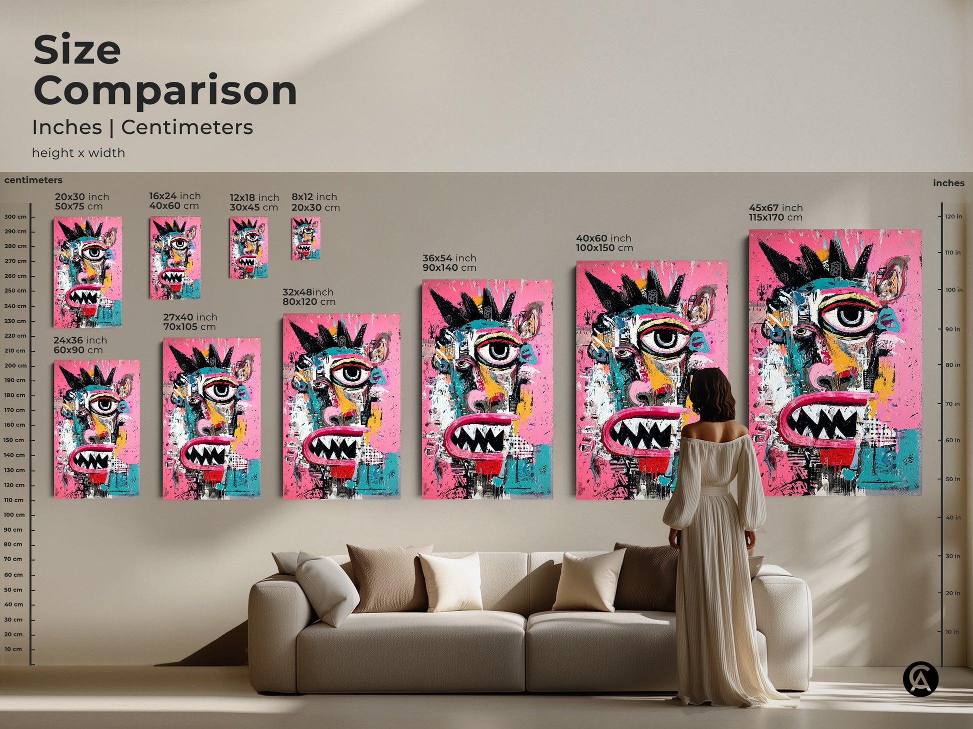 Size comparison of modern art prints. See how a fun monster face artwork looks in various sizes. Options range from small to large canvas and posters. A helpful guide to choose the right scale for your living space.