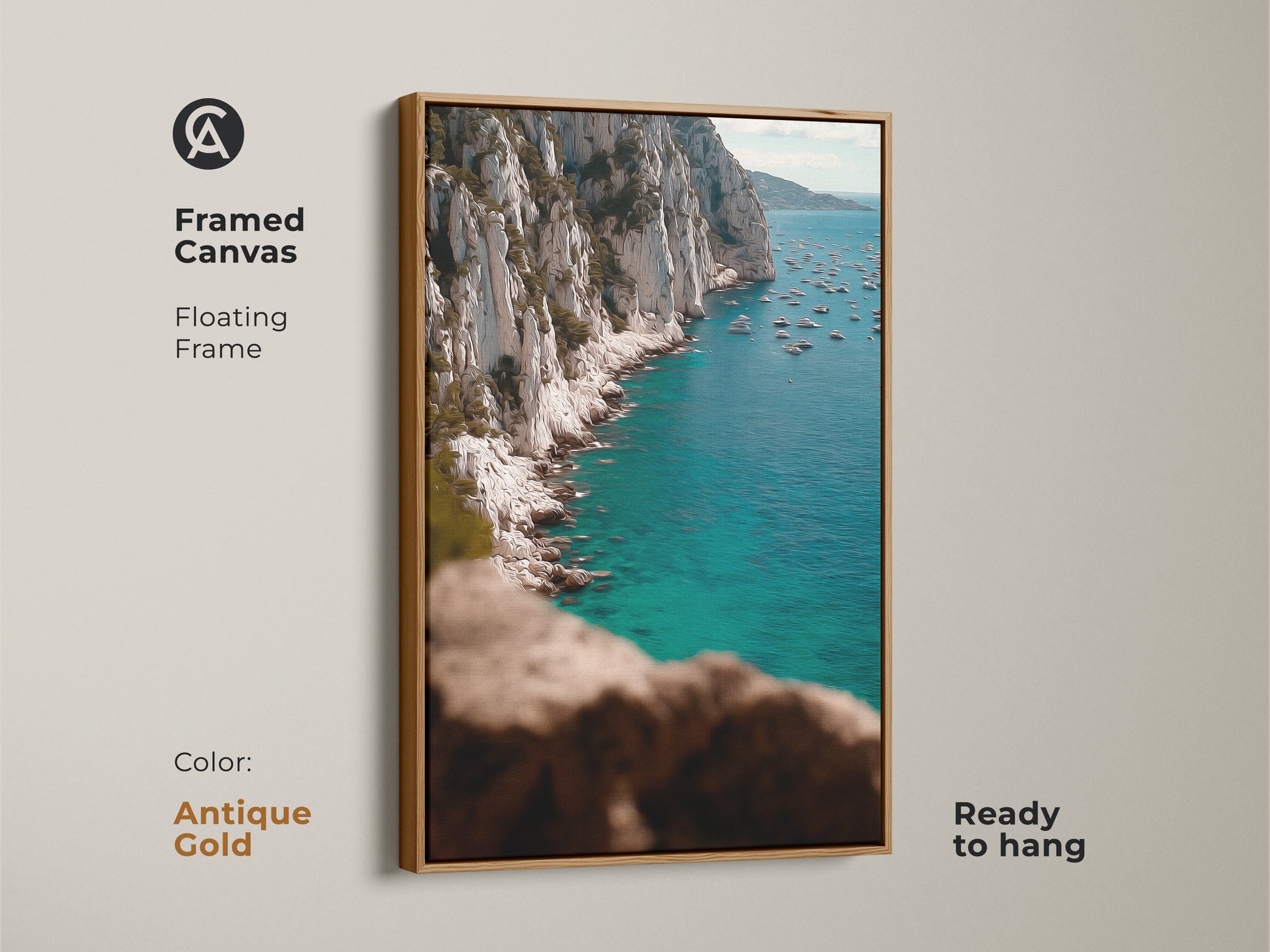 Framed Canvas in Antique Gold of Boating Scene Wall Art. The turquoise artwork has deep blue tones that create a luxurious aesthetic. The floating frame enhances the seascape landscape artwork bringing classic elegance to your space. Ready to hang.