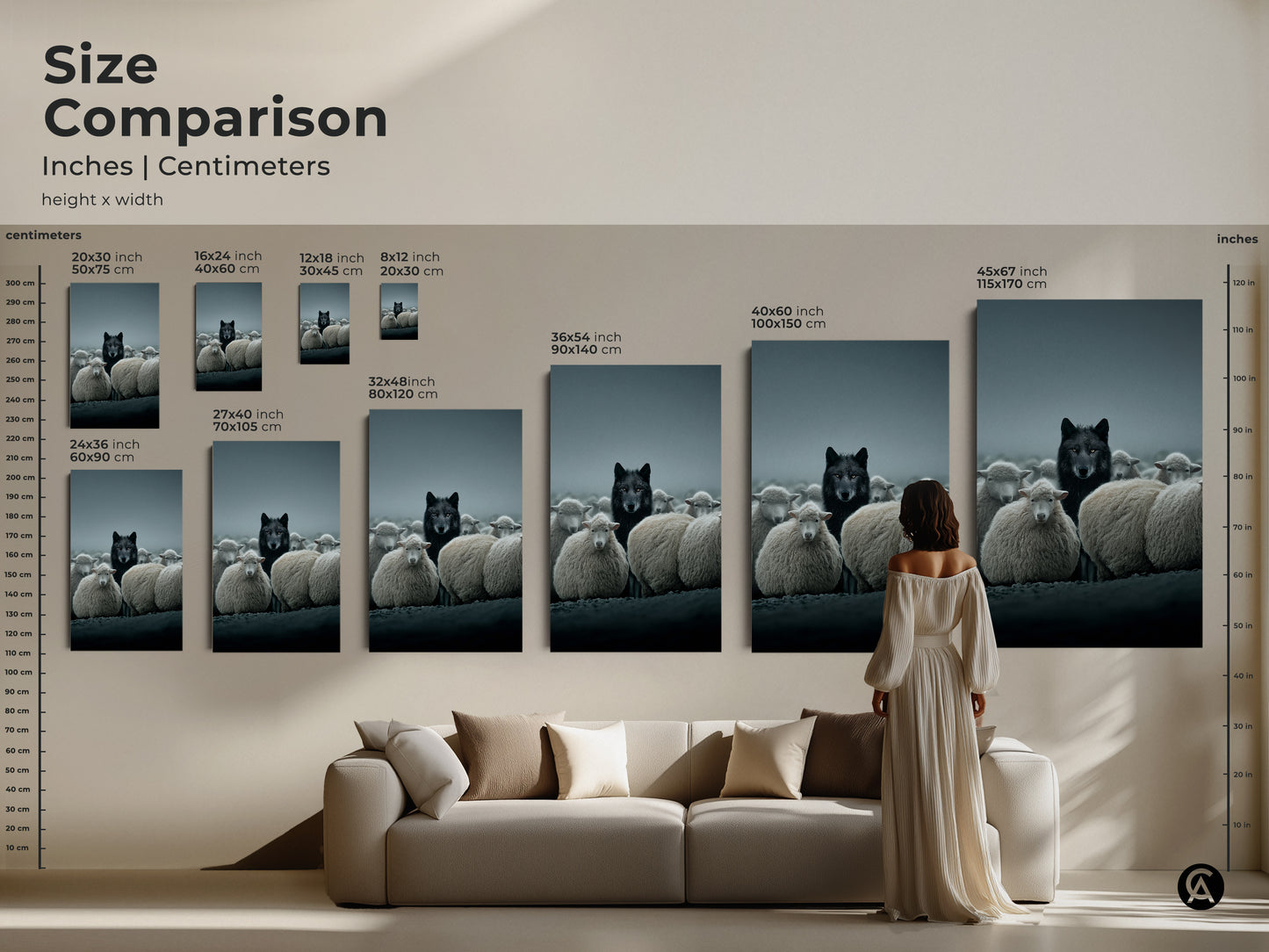Size comparison of wolf and sheep art. See how this gothic wildlife canvas fits in your home. This eclectic animal decor is a great addition to any modern or traditional interior.