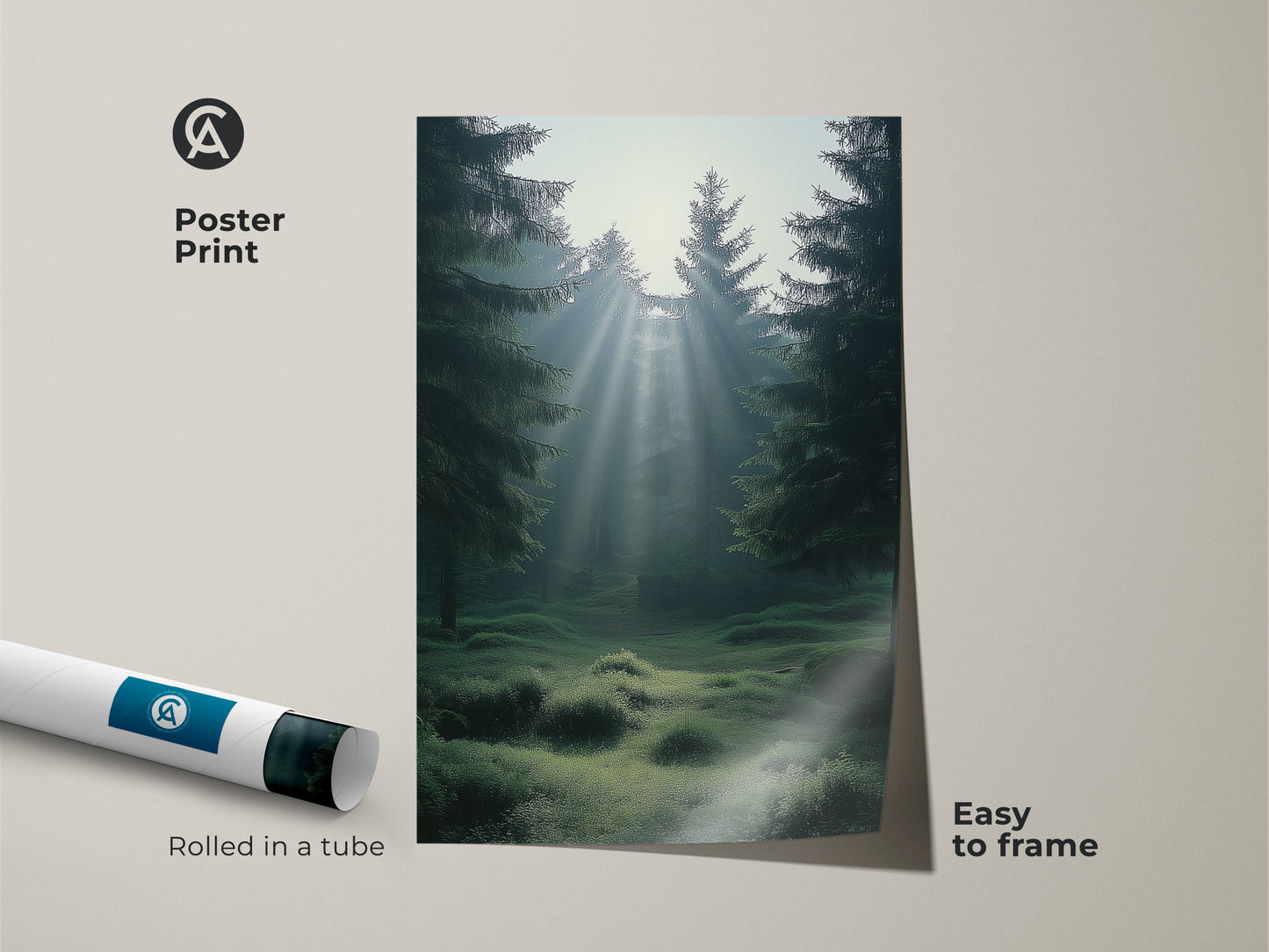 Poster print of a misty emerald pine forest with sunbeams. This Scandinavian landscape art is easy to frame. The teal nature wall decor brings a calm serene forest canvas to any residential space. Perfect as a nature lover gift.