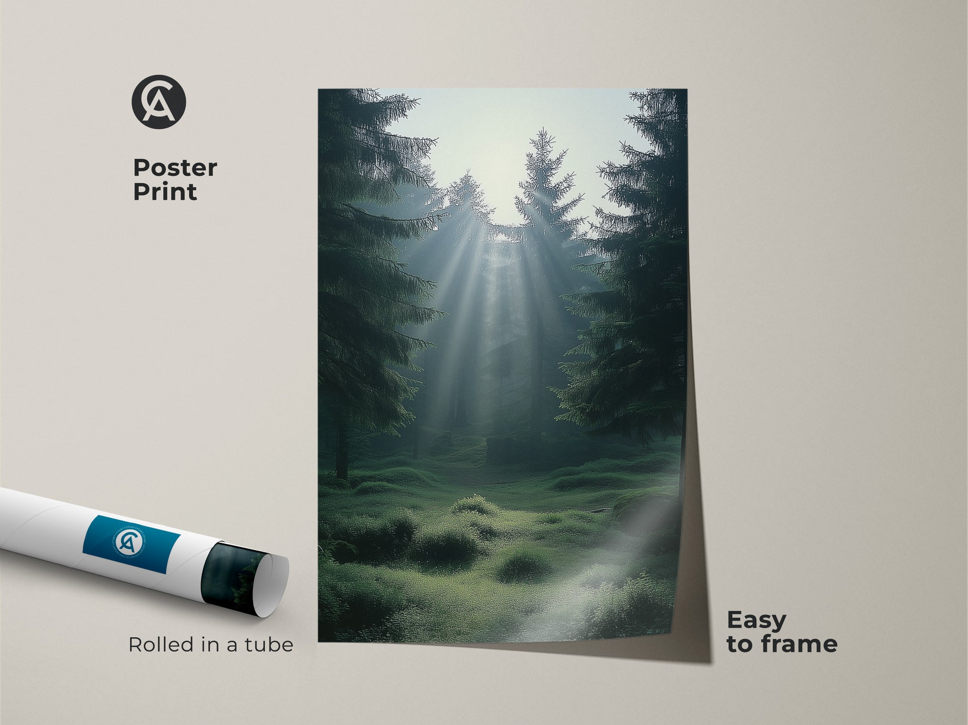 Poster print of a misty emerald pine forest with sunbeams. This Scandinavian landscape art is easy to frame. The teal nature wall decor brings a calm serene forest canvas to any residential space. Perfect as a nature lover gift.