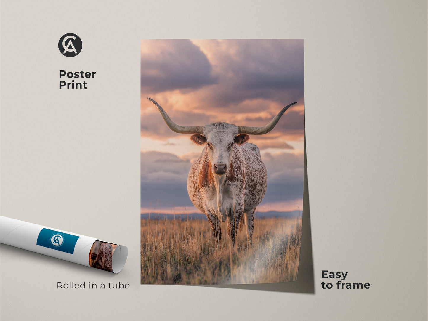 Texas Longhorn poster print arrives rolled in a tube. This easy-to-frame wildlife wall decor features a photorealistic animal. It captures a savanna sunset landscape perfect for country western decor. This orange brown animal art is unique.