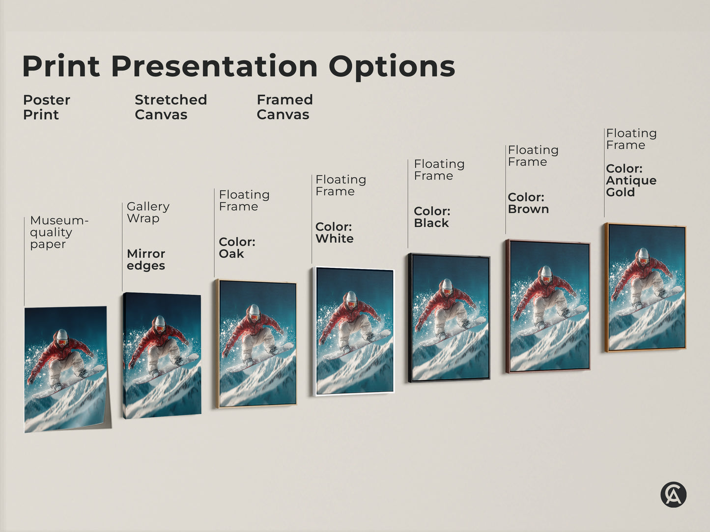 Explore our range of print presentation options. Choose from poster prints to stretched canvases and framed canvas art. Each piece captures a snowboarder's dynamic jump. Find the perfect style to complement your decor today.