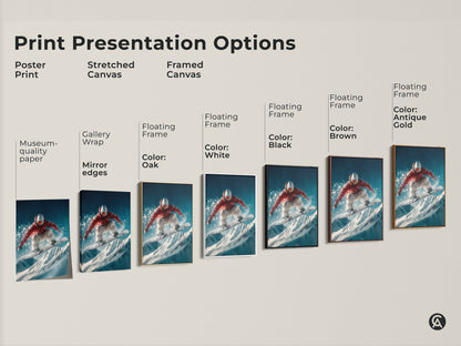 Explore our range of print presentation options. Choose from poster prints to stretched canvases and framed canvas art. Each piece captures a snowboarder's dynamic jump. Find the perfect style to complement your decor today.