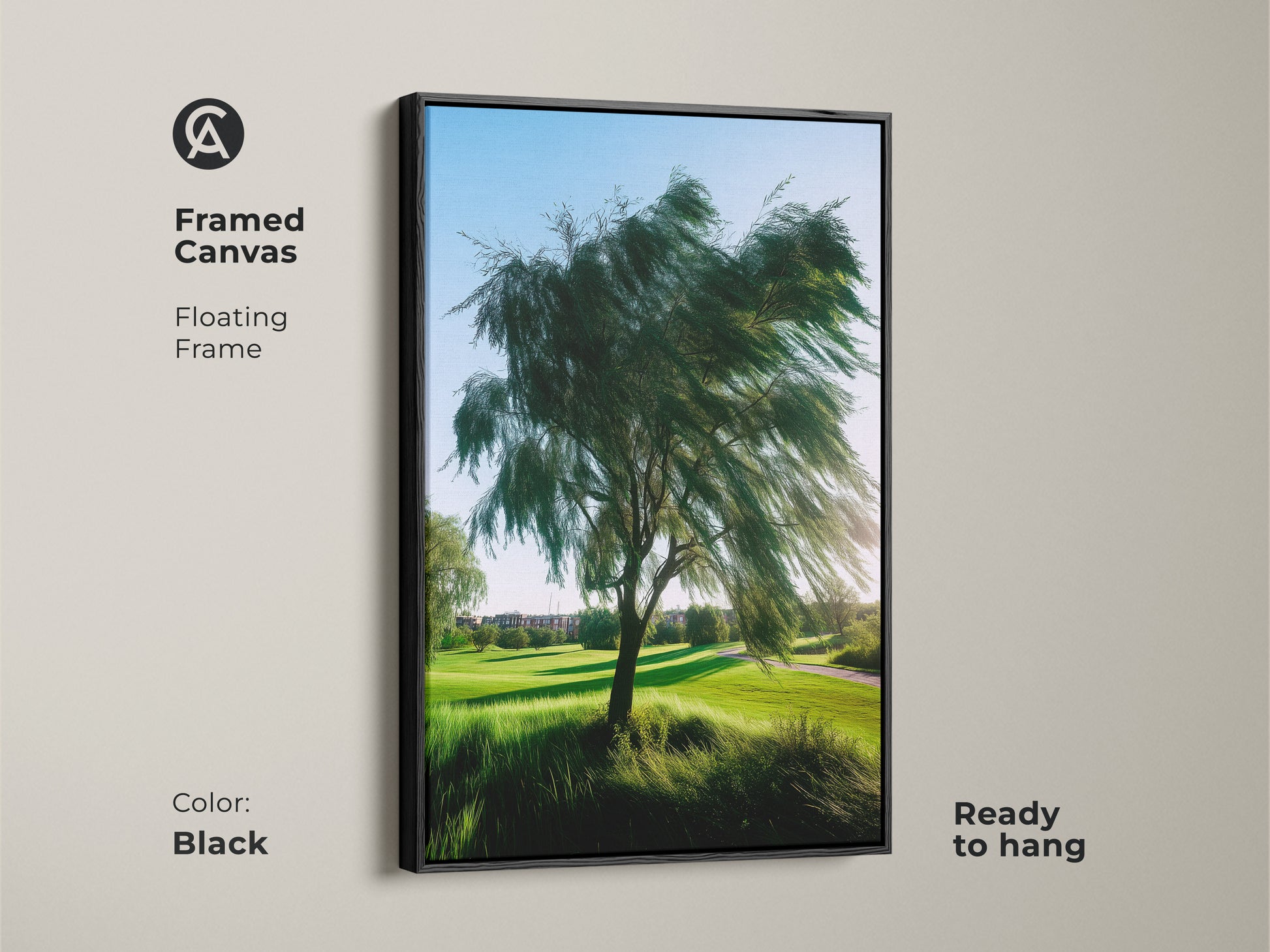 Black framed canvas of a golf course featuring realistic tree nature artwork. The floating frame enhances the green landscape. It is ready to hang and ideal as contemporary wall art.