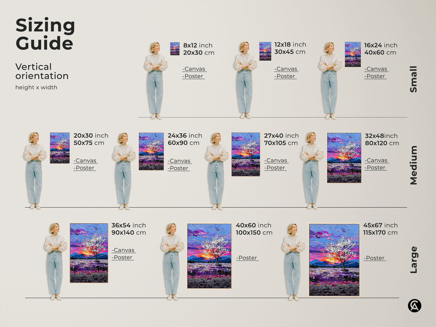Find the perfect fit with our Sizing Guide for Vertical Art. See how our Botanical Tree art transforms spaces from small to large. Options include canvas and poster prints to suit any wall.