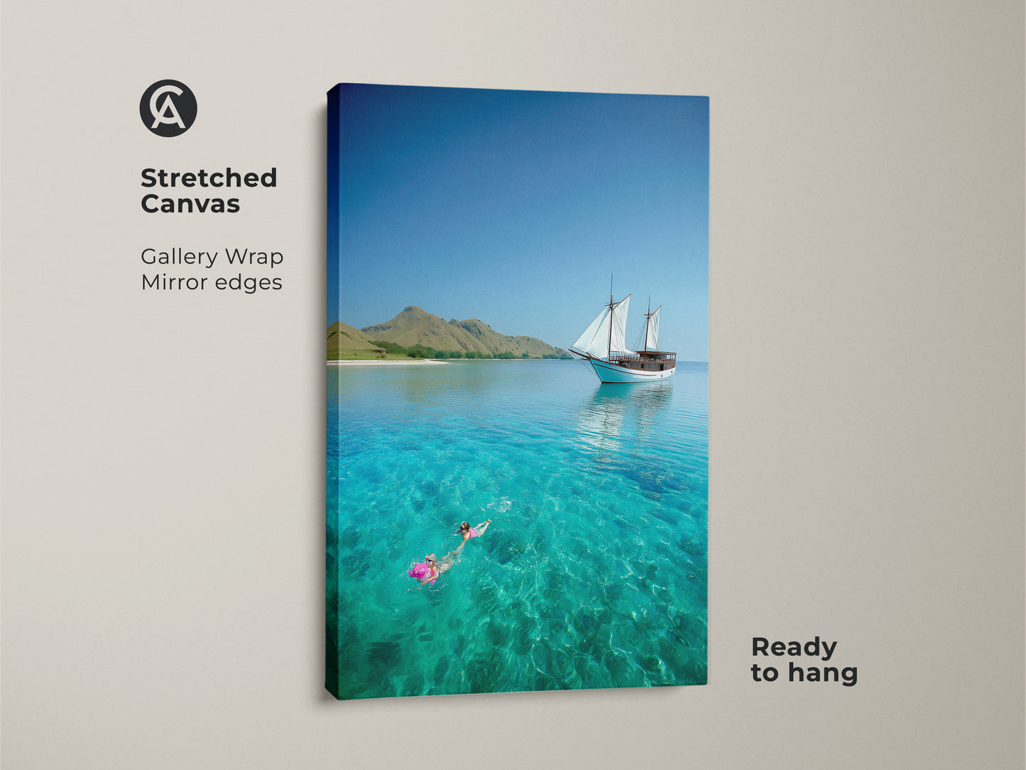 This stretched canvas shows a sailboat art print with mirror edges. The artwork shows a snorkeler in turquoise water. It is ready to hang and adds coastal charm to any room. It's a tropical escape.