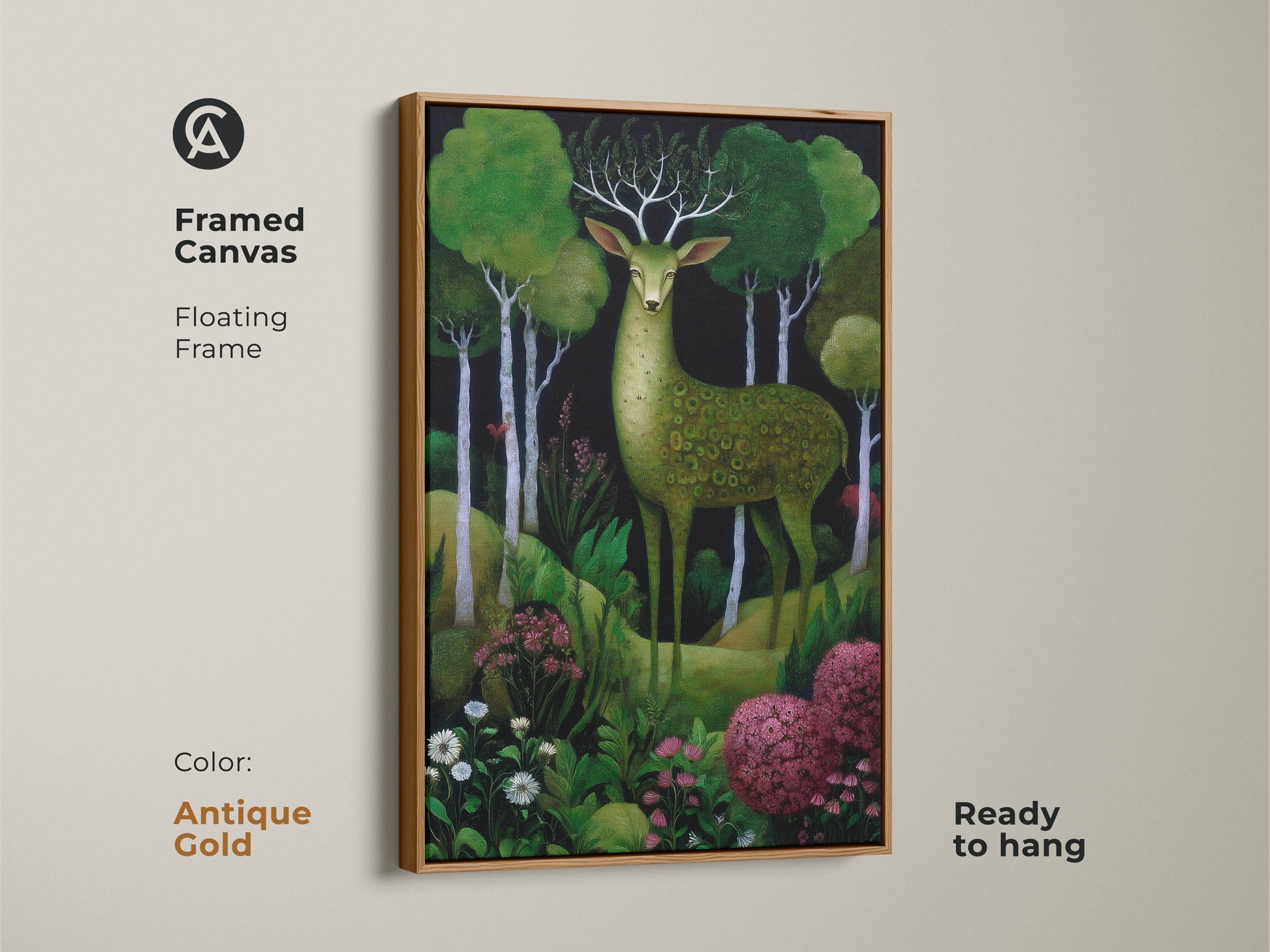 Framed canvas with an antique gold floating frame displaying the green deer forest art piece. This boho woodland animals canvas has emerald and deep green colors. Ready to hang in any room.