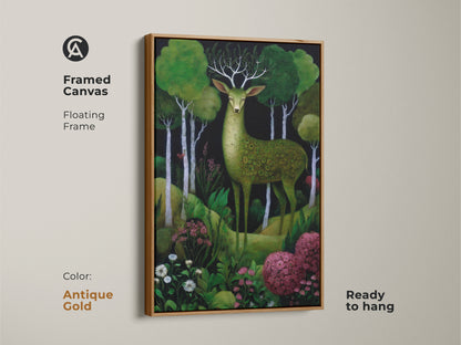 Framed canvas with an antique gold floating frame displaying the green deer forest art piece. This boho woodland animals canvas has emerald and deep green colors. Ready to hang in any room.