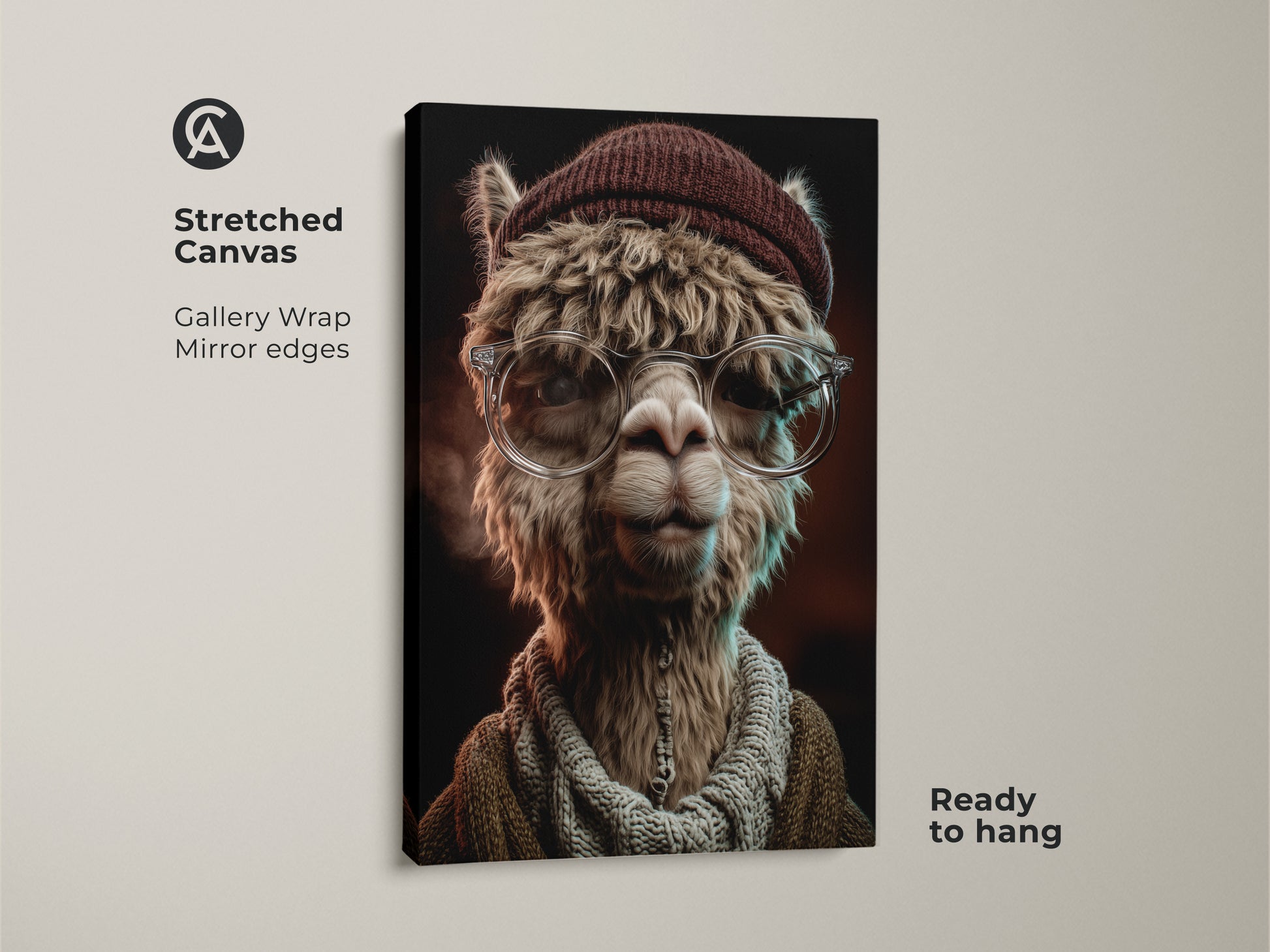 Stretched canvas of a surrealist Alpaca art print. Ready to hang with gallery wrapped mirror edges. The quirky artwork is a great gift for animal lovers. Adds an artistic touch to any room.