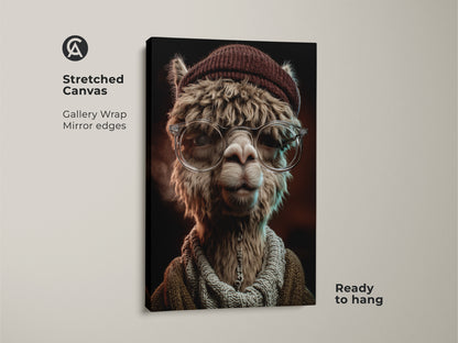 Stretched canvas of a surrealist Alpaca art print. Ready to hang with gallery wrapped mirror edges. The quirky artwork is a great gift for animal lovers. Adds an artistic touch to any room.