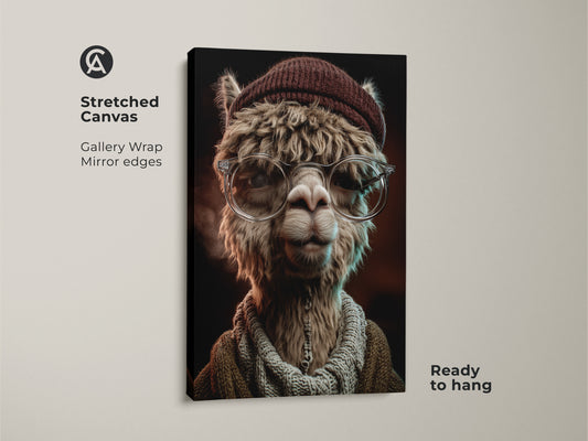 Stretched canvas of a surrealist Alpaca art print. Ready to hang with gallery wrapped mirror edges. The quirky artwork is a great gift for animal lovers. Adds an artistic touch to any room.