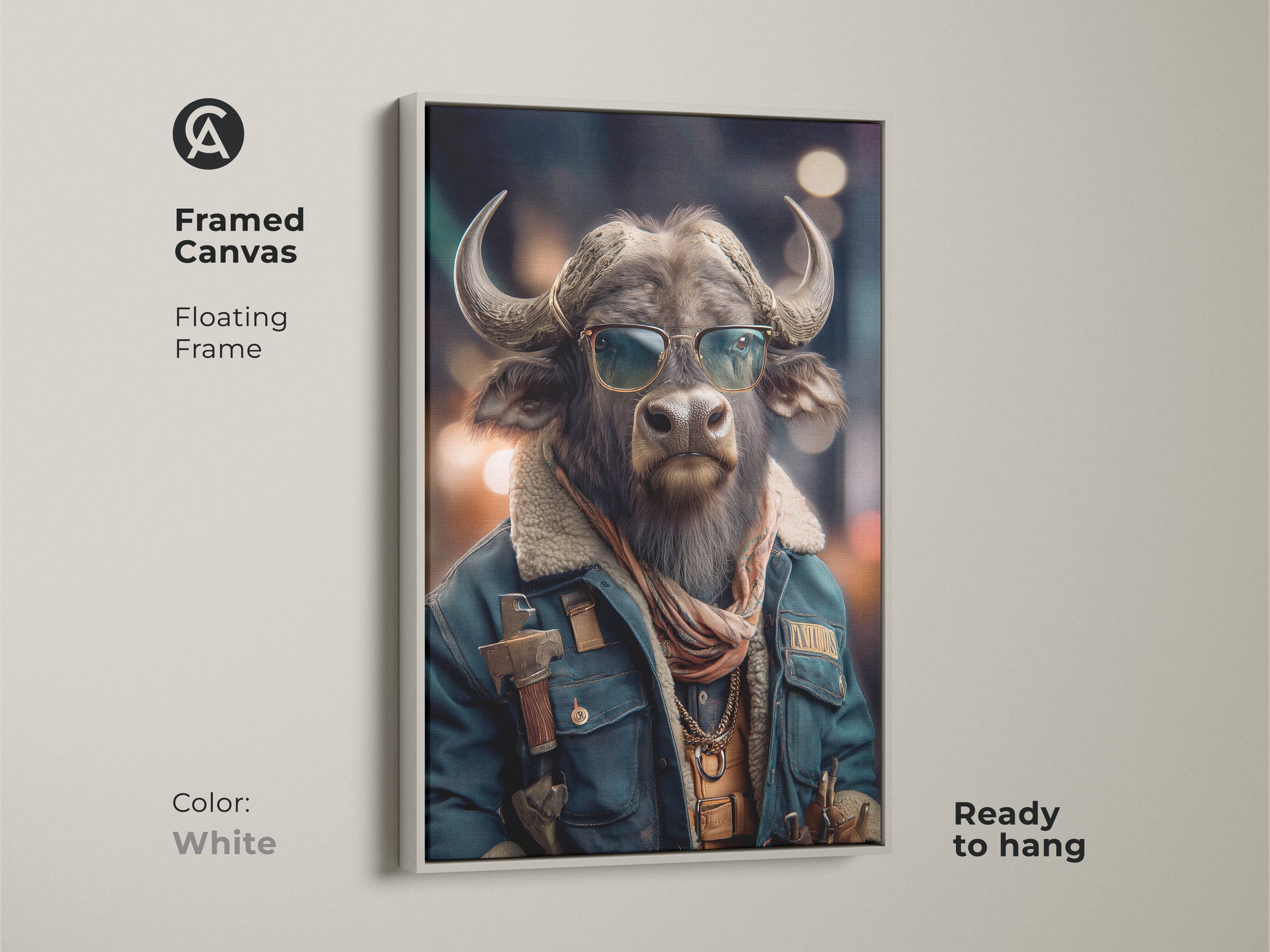 The Buffalo in Sunglasses Framed Canvas Art is a unique gift idea. This cool Animal Portrait Art is Eclectic office wall decor. Its Animal Lover Gift Idea adds Character Art to any room. This brown gray animal wall art is ready to hang. Order this Stylish Buffalo Artwork today.