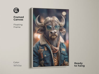 The Buffalo in Sunglasses Framed Canvas Art is a unique gift idea. This cool Animal Portrait Art is Eclectic office wall decor. Its Animal Lover Gift Idea adds Character Art to any room. This brown gray animal wall art is ready to hang. Order this Stylish Buffalo Artwork today.
