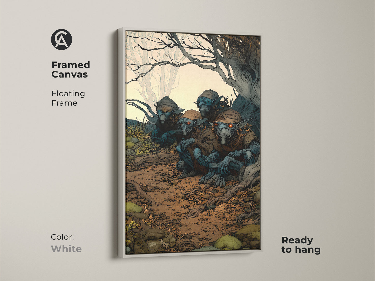 Framed canvas of goblins art in a forest setting. White floating frame offers a clean contrast. This is perfect for goth or eclectic home decor. The mythical forest artwork makes for a unique wall art gift