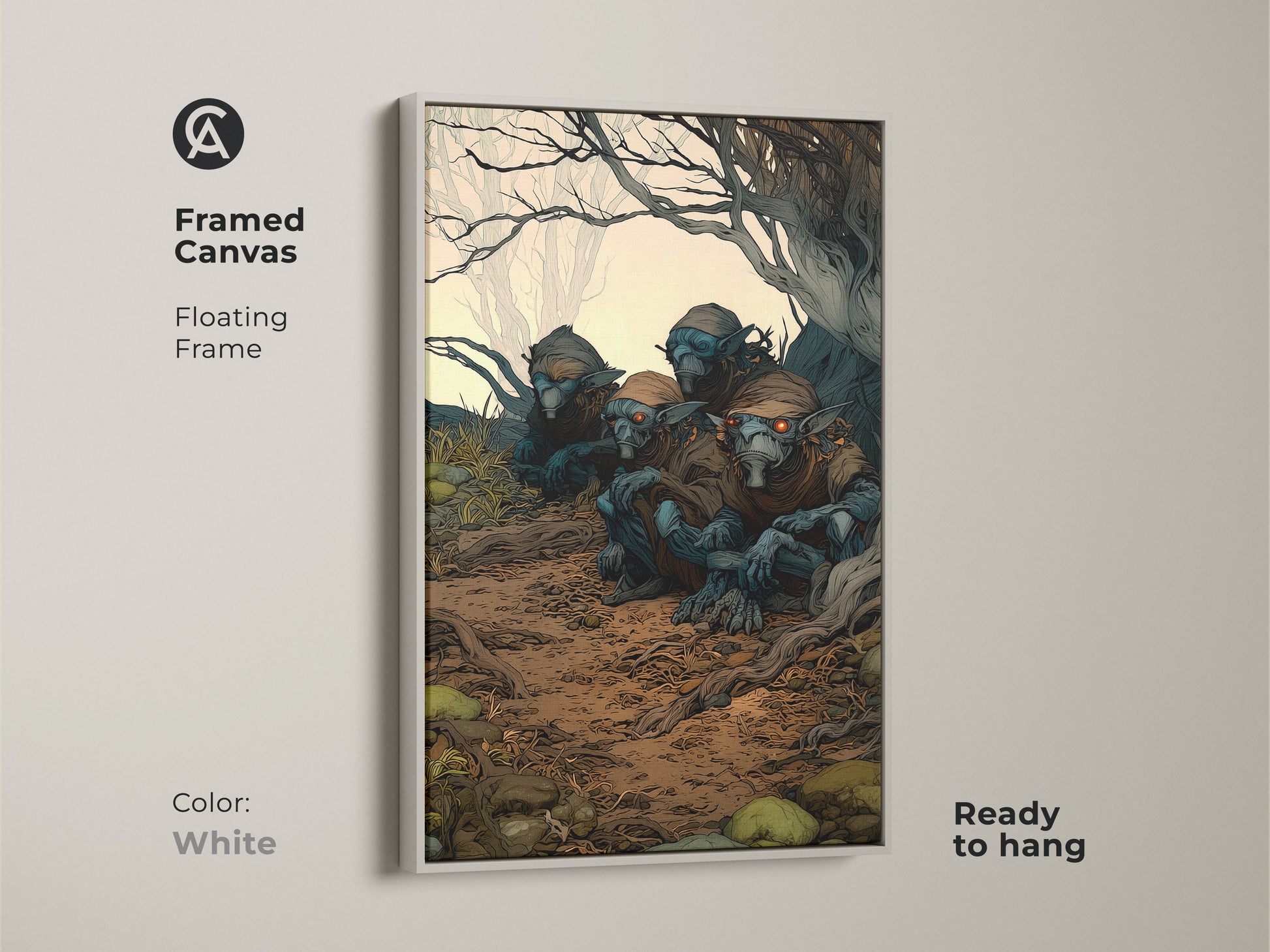Framed canvas of goblins art in a forest setting. White floating frame offers a clean contrast. This is perfect for goth or eclectic home decor. The mythical forest artwork makes for a unique wall art gift