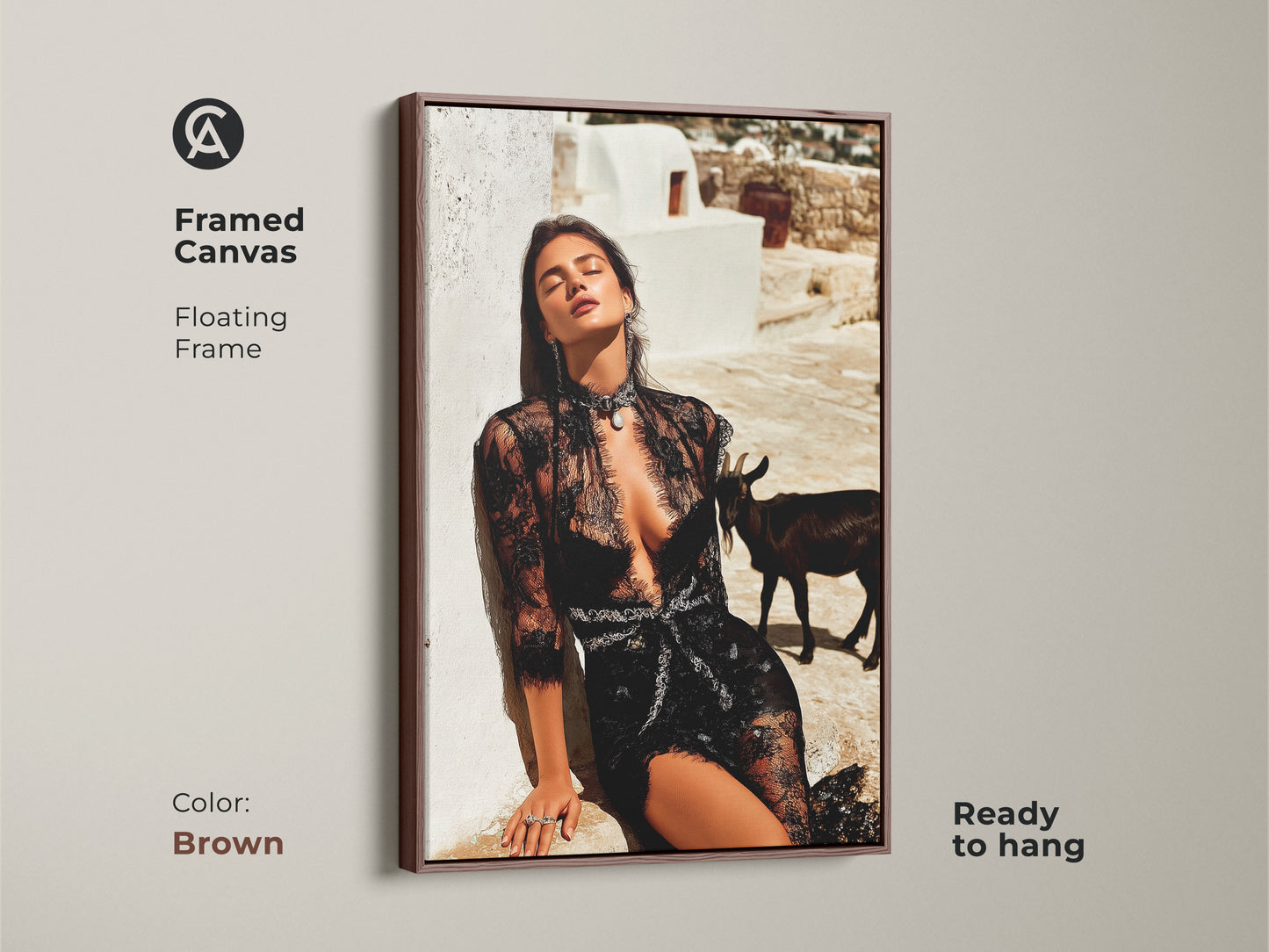 Framed canvas of a glamorous woman in black lace with a brown frame. The editorial fashion artwork includes a goat. This unique goat wall decor enhances eclectic homes. The black white beige art is ready to hang offering sophistication and style.