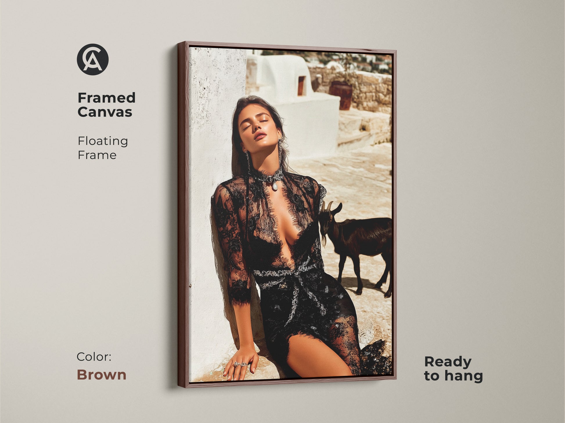 Framed canvas of a glamorous woman in black lace with a brown frame. The editorial fashion artwork includes a goat. This unique goat wall decor enhances eclectic homes. The black white beige art is ready to hang offering sophistication and style.