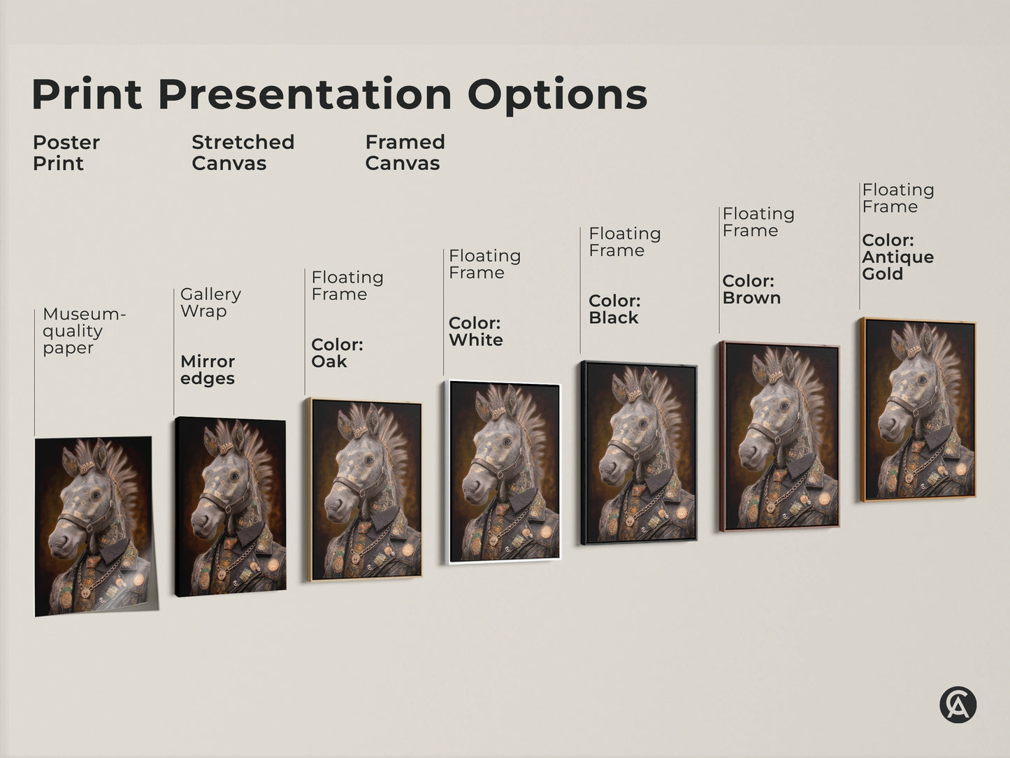 Explore print presentation options with the Tattooed Horse art. Available as a poster print or stretched canvas. Choose framed canvas options in black brown antique gold oak or white. Find the perfect style to match your decor. Each option enhances the intricate details and steampunk style of this unique animal artwork.