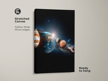 Stretched canvas print displaying a captivating solar system artwork. The canvas gallery wrap has mirror edges. This ready-to-hang artwork brings the universe to your walls. The planets are aligned in space.