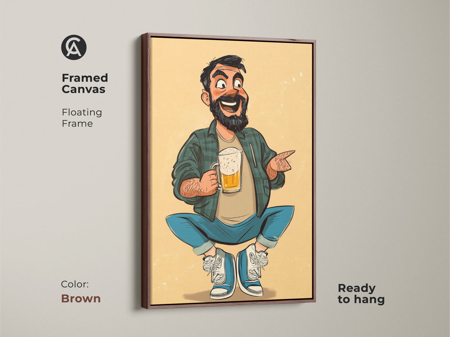 Framed canvas art of a happy cartoon man holding a beer. Great funny beer lover gift ready to hang. Brown floating frame gives warmth to this pub art. Get father's day gift idea.