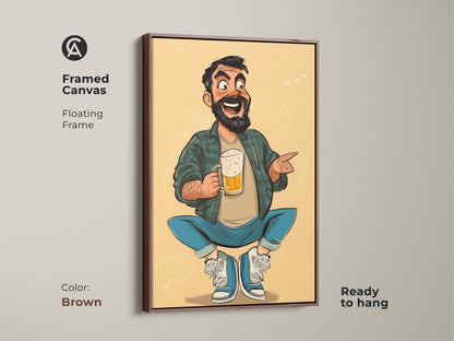 Framed canvas art of a happy cartoon man holding a beer. Great funny beer lover gift ready to hang. Brown floating frame gives warmth to this pub art. Get father's day gift idea.