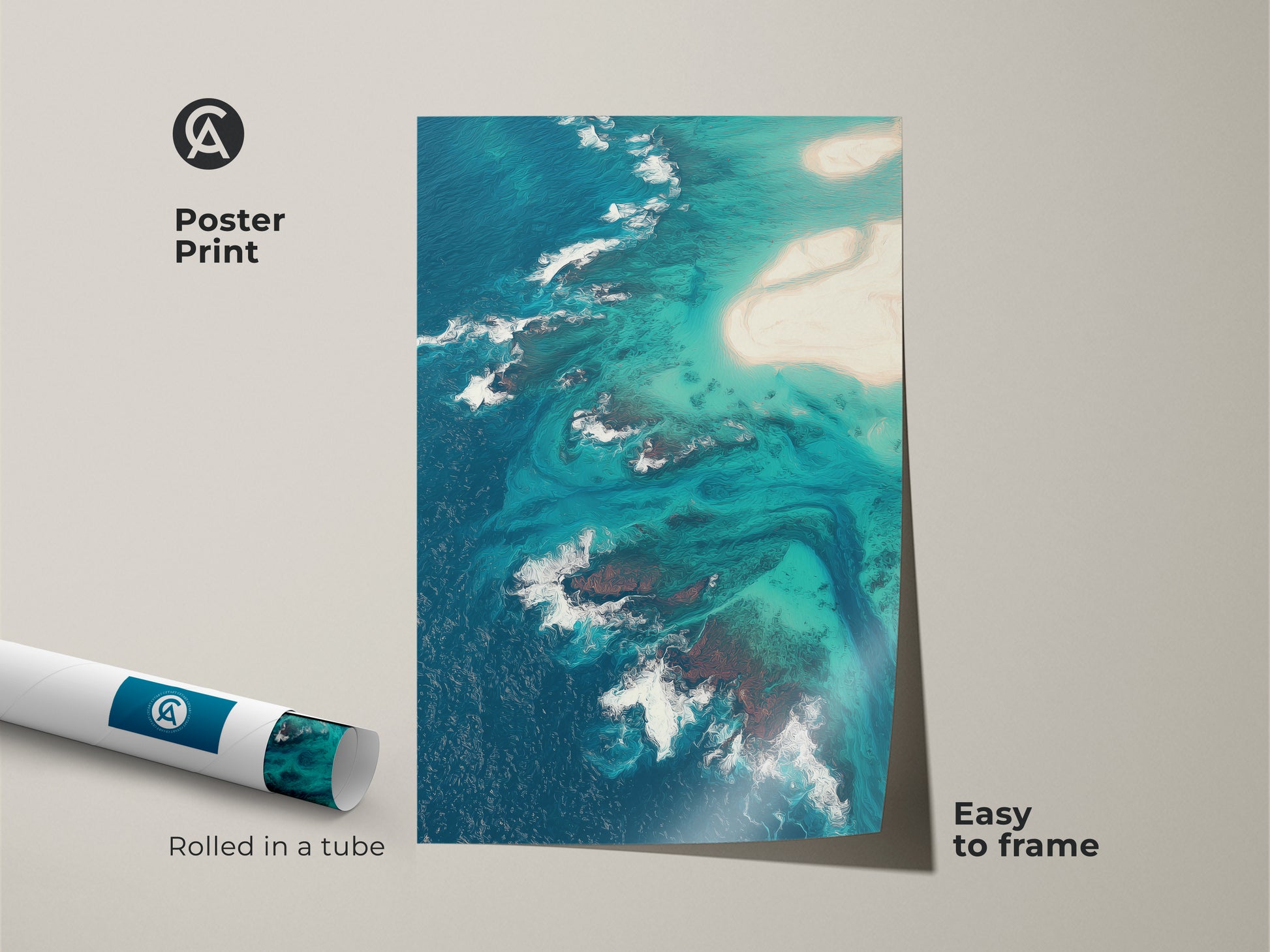 Poster print of aerial ocean view canvas art. An abstract coastal landscape print showcasing turquoise beach wall art. The deep blue ocean artwork comes rolled in a tube. Easy to frame for nautical wall art decor.