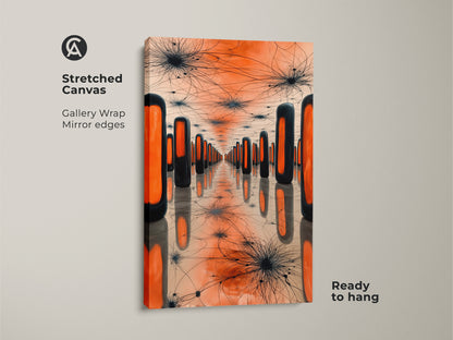 Stretched canvas of surreal orange and black geometric art. The gallery wrap with mirror edges is ready to hang. It showcases abstract rectangles and spiky starbursts. This adds modern visual appeal to any room.
