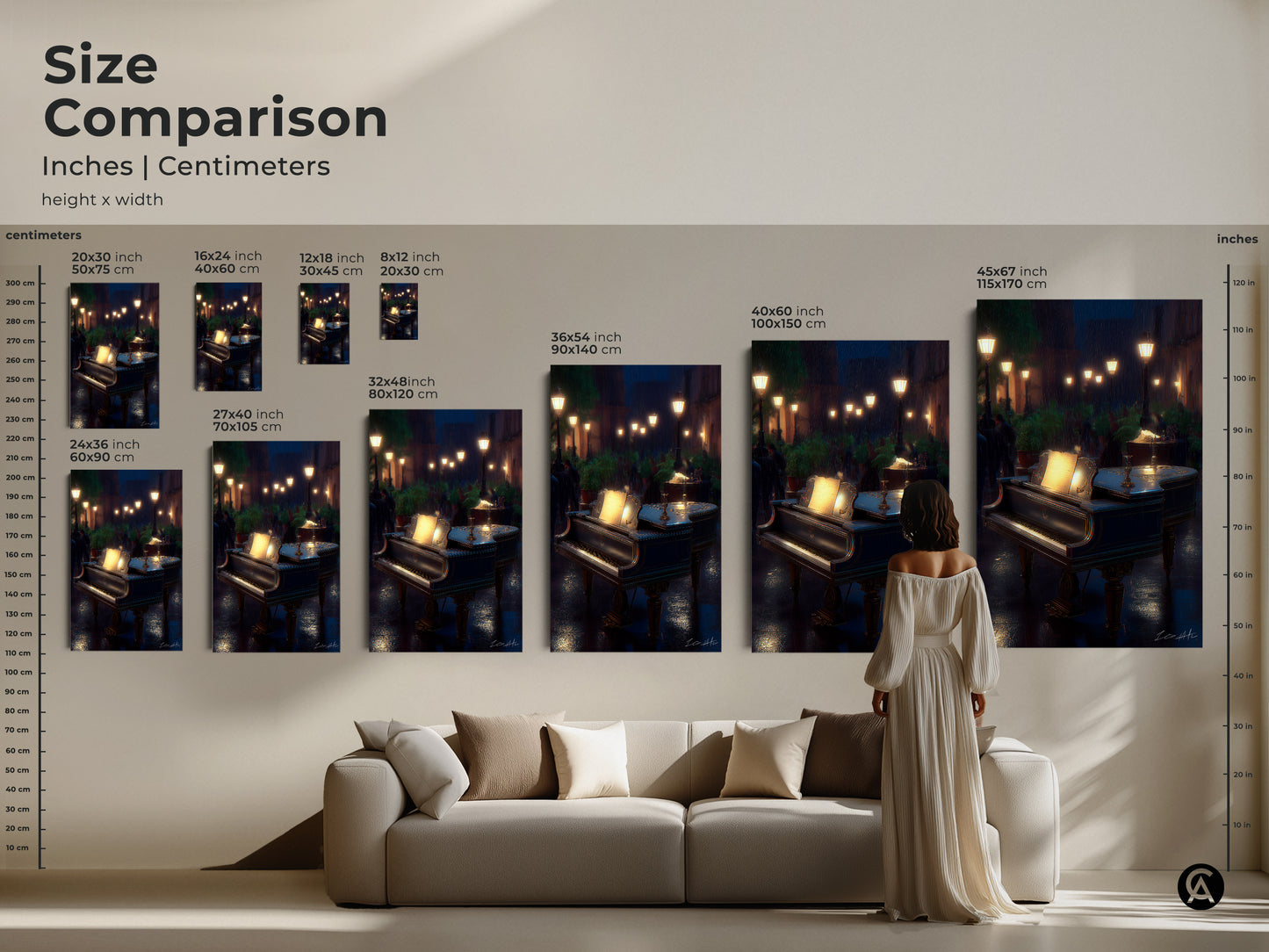 Compare sizes of the Grand Piano art to find the ideal fit for your space. From a cozy 8x12 to a statement 45x67 this romantic rainy night cityscape will transform your home decor.