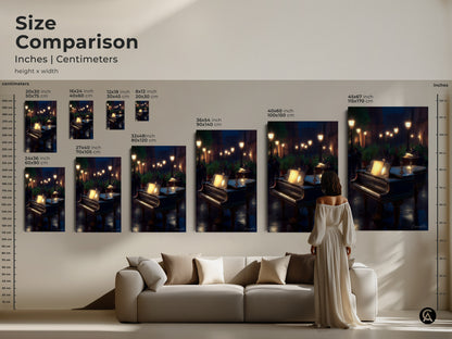 Compare sizes of the Grand Piano art to find the ideal fit for your space. From a cozy 8x12 to a statement 45x67 this romantic rainy night cityscape will transform your home decor.