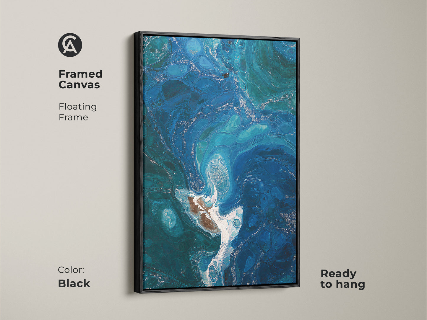 Framed canvas featuring blue abstract ocean swirls. A black floating frame complements the contemporary artwork. The deep blue teal fluid art enhances any space. Ready to hang for a modern abstract bedroom decor or living room focal point.