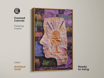 Framed canvas print of an abstract collage art. Antique gold floating frame provides an elegant look. Ready to hang. The head silhouette and microphone motif make it ideal for eclectic studio decor. The orange yellow and purple hues will brighten any space.