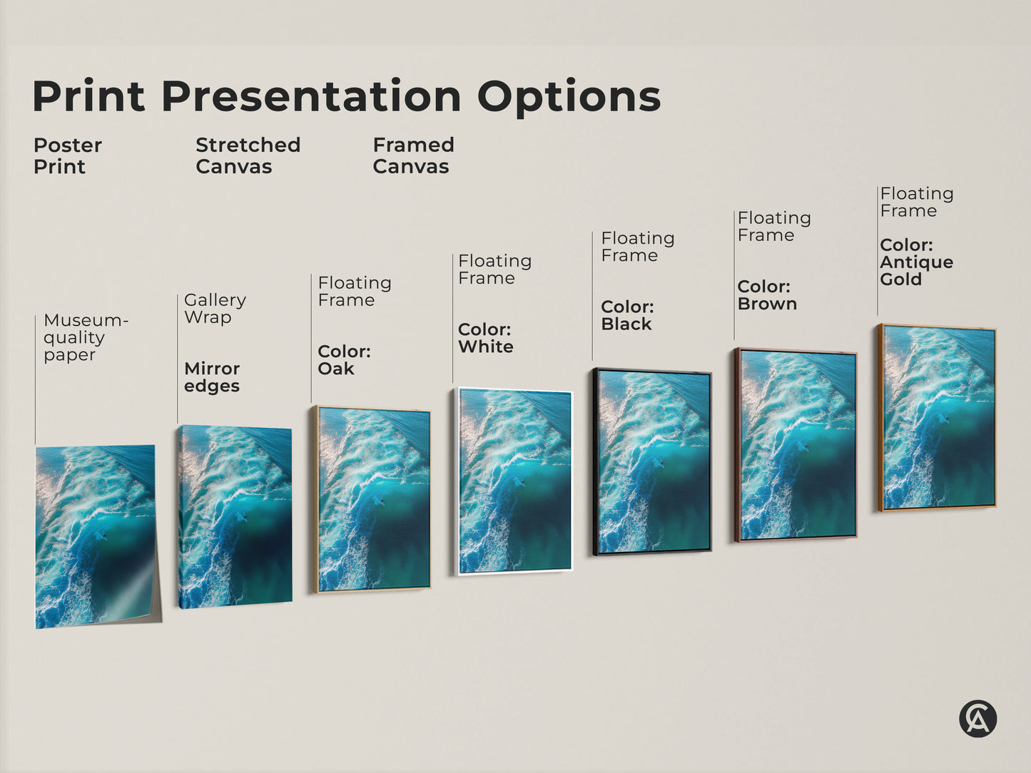 Explore our print presentation options for ocean wave artwork. Choose from poster prints stretched canvas or framed canvas. Select a floating frame in black brown antique gold or white. Find the perfect style to match your taste. Transform your space with stunning ocean art.