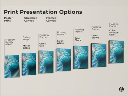 Explore our print presentation options for ocean wave artwork. Choose from poster prints stretched canvas or framed canvas. Select a floating frame in black brown antique gold or white. Find the perfect style to match your taste. Transform your space with stunning ocean art.