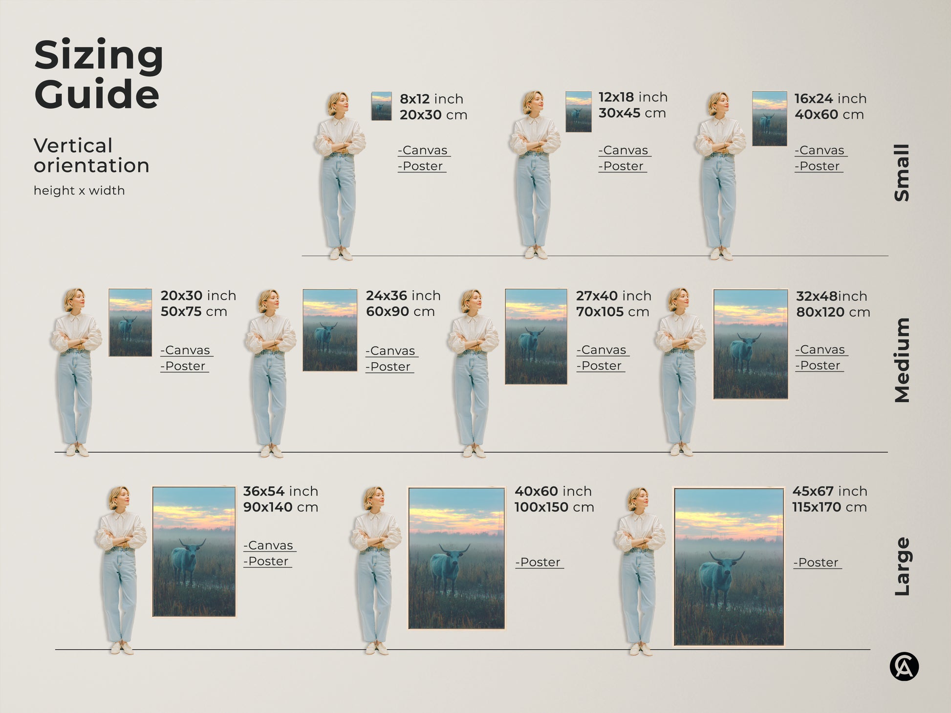 Sizing guide for vertical artwork featuring a longhorn bull in a field. Available in small medium and large sizes. Canvas and poster options are shown to help you find the perfect fit for your space.