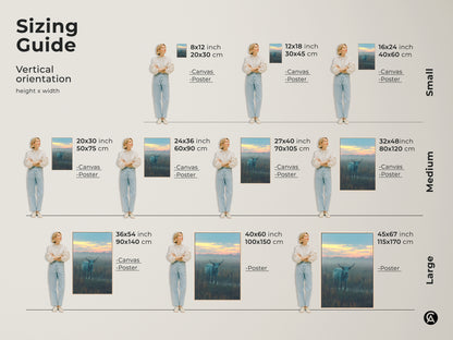 Sizing guide for vertical artwork featuring a longhorn bull in a field. Available in small medium and large sizes. Canvas and poster options are shown to help you find the perfect fit for your space.