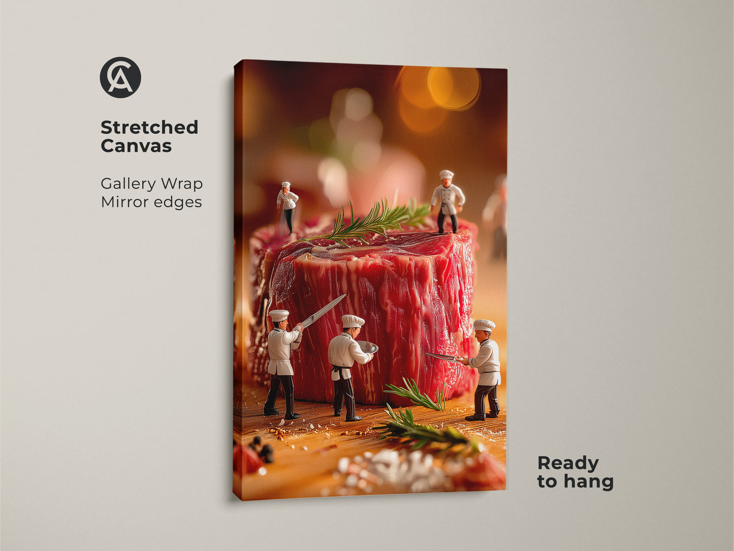 Stretched canvas art showcases tiny chefs preparing a steak. This gallery-wrapped print offers a modern touch. Mirror edges enhance this ready-to-hang food art piece. Ideal for culinary enthusiasts.