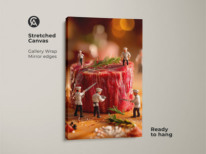Stretched canvas art showcases tiny chefs preparing a steak. This gallery-wrapped print offers a modern touch. Mirror edges enhance this ready-to-hang food art piece. Ideal for culinary enthusiasts.