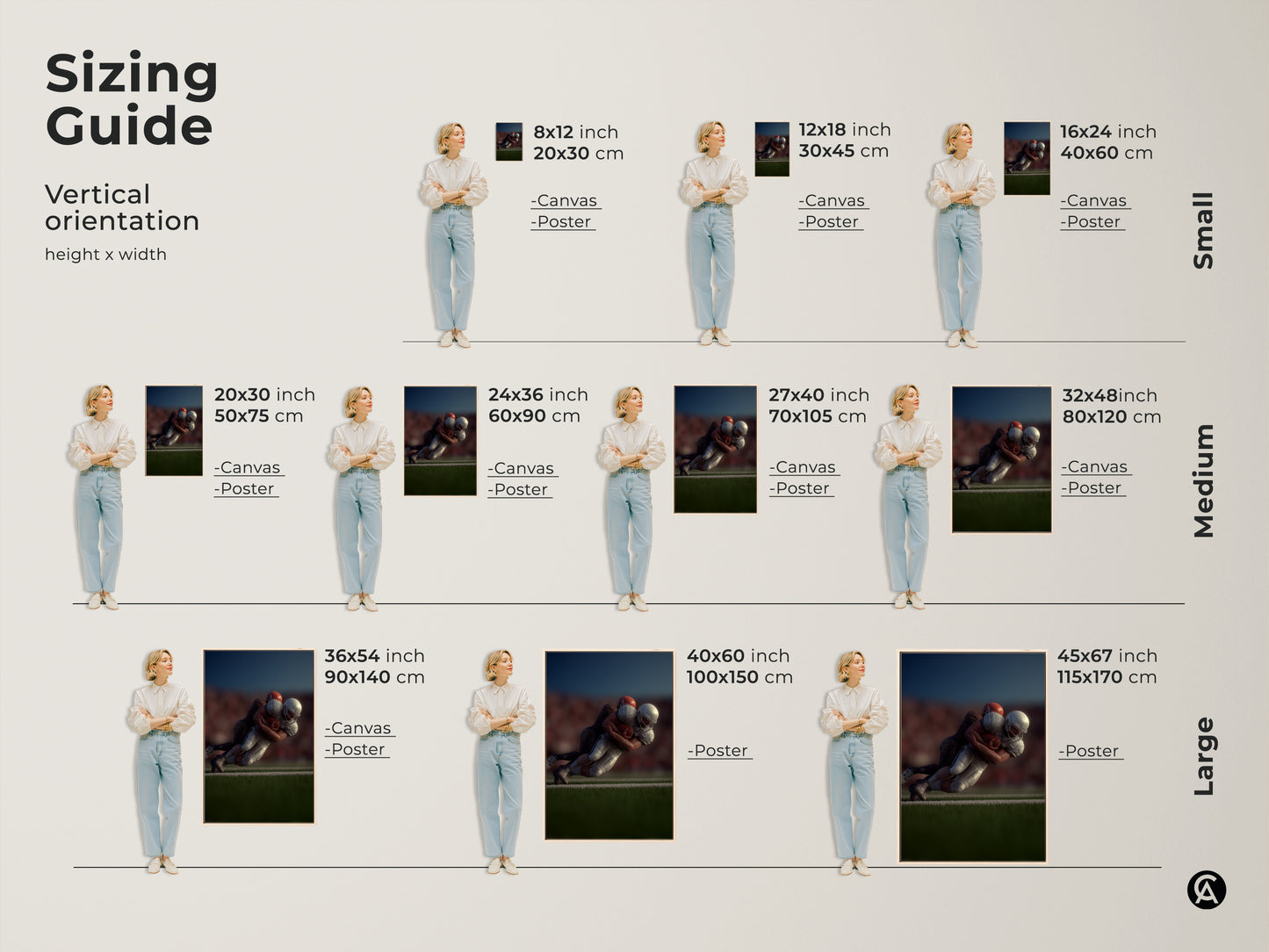 Sizing guide for vertical football action canvas and poster prints. Find the perfect fit for your space with options from small to large. Visualize the dynamic football tackle artwork in various sizes. Ideal wall art for a sports room man cave or as a gift for a football fan. Enhance your sports themed decor.