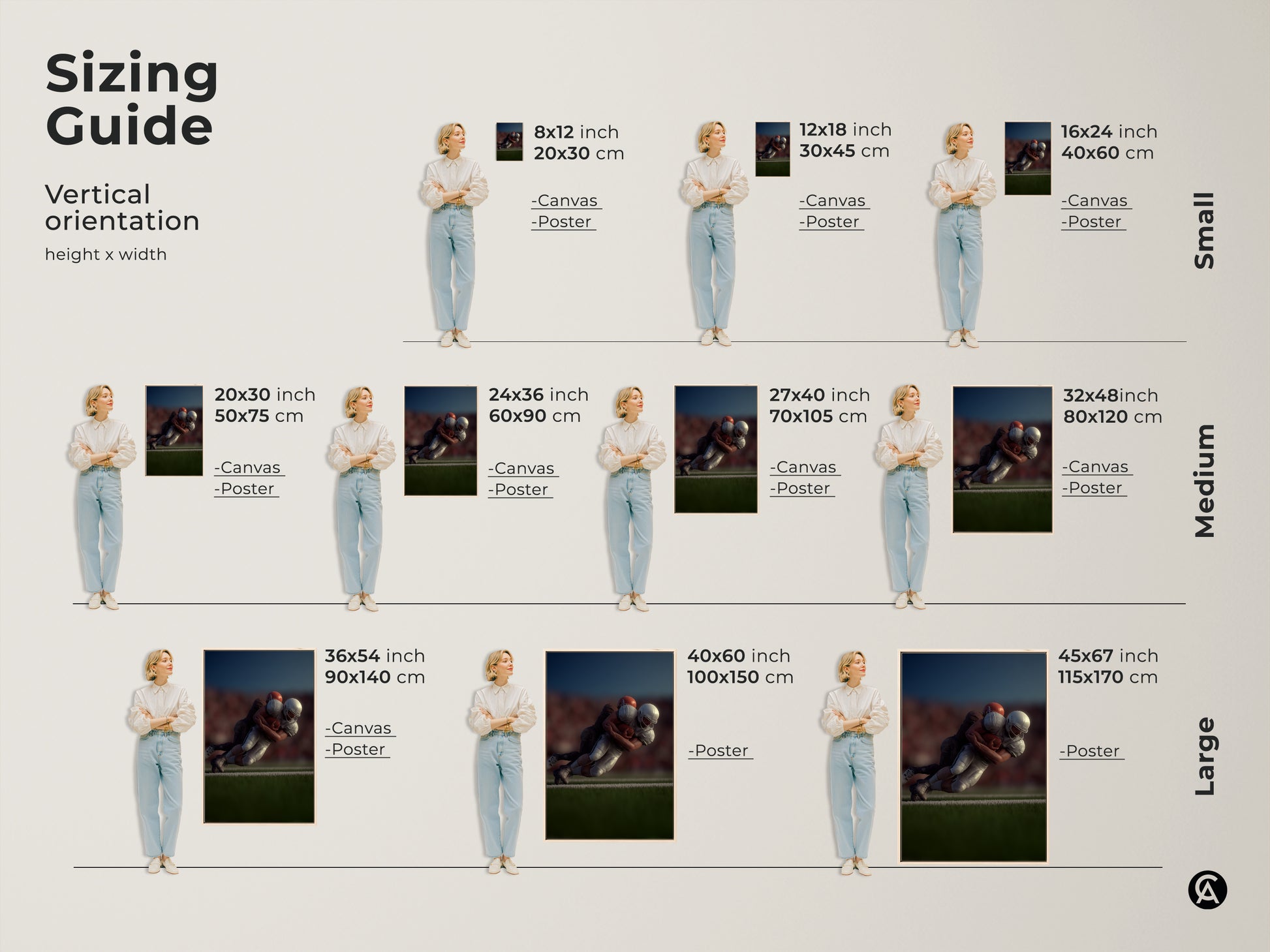 Sizing guide for vertical football action canvas and poster prints. Find the perfect fit for your space with options from small to large. Visualize the dynamic football tackle artwork in various sizes. Ideal wall art for a sports room man cave or as a gift for a football fan. Enhance your sports themed decor.